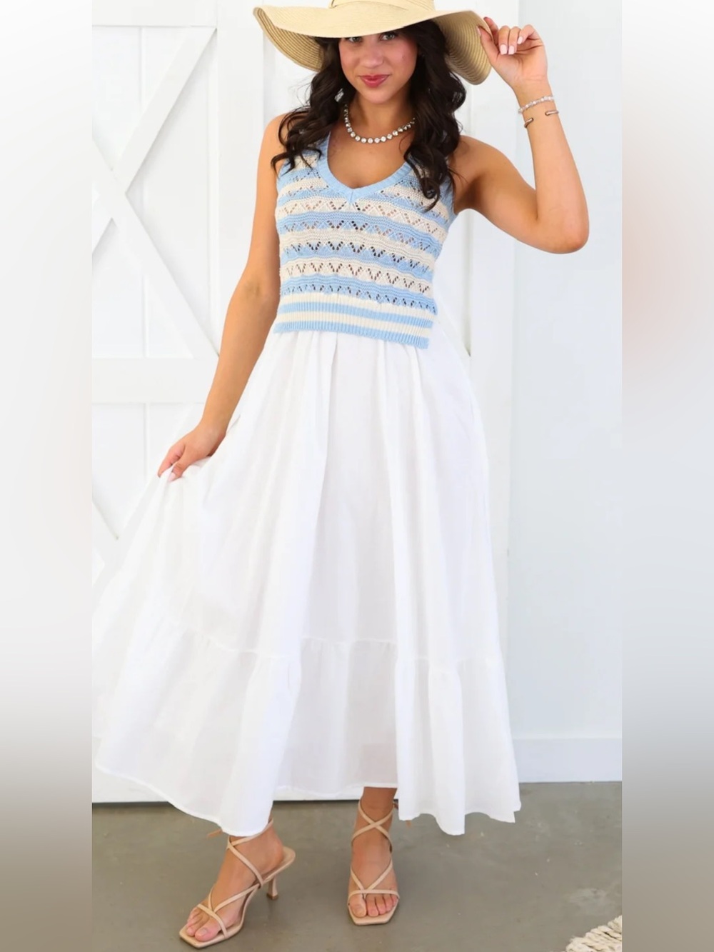 Elan Sleeveless Knit Bodice Maxi Dress in Light Blue and Cream